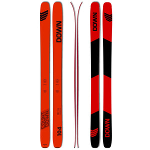 DOWN CD104 CARBON model 23/24 - showing (from left to right): ski top design, camber/rocker profile, ski base design.